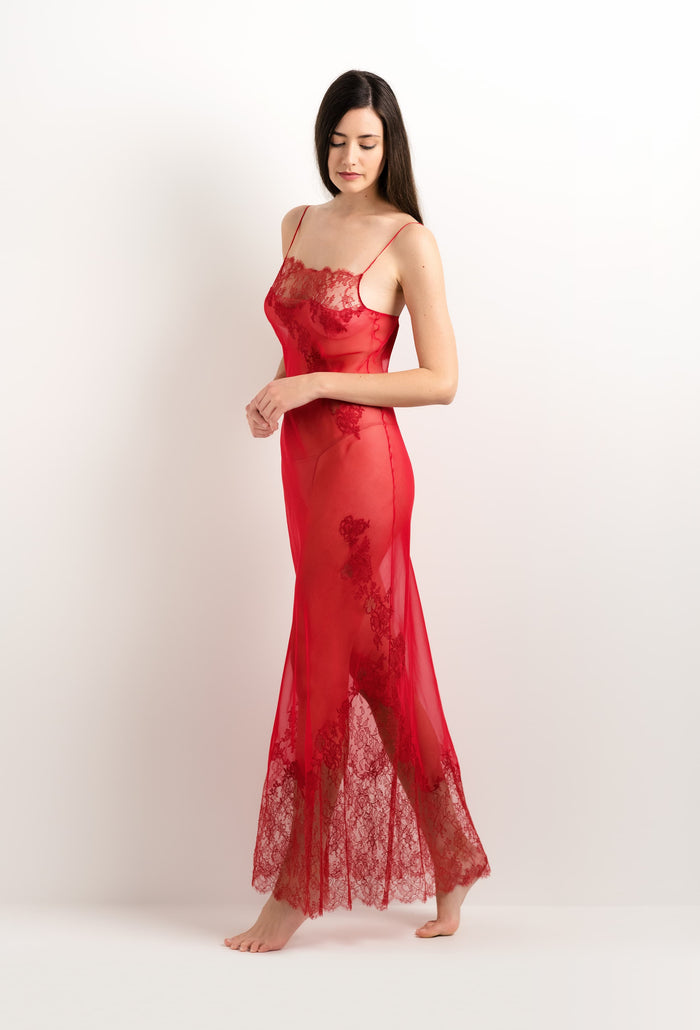 carine gilson Robe longue en soie rouge flamme et dentelle Elisa Rouge
