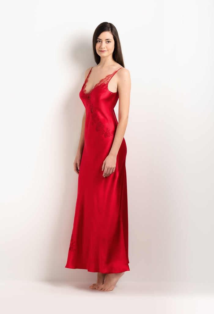 Carine Gilson Robe Longue En Soie Rouge Flamme Et Dentelle Elisa Rouge