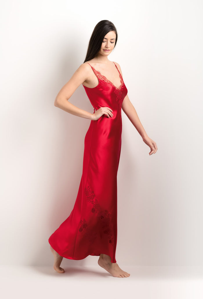 Carine Gilson Robe Longue En Soie Rouge Flamme Et Dentelle Elisa Rouge