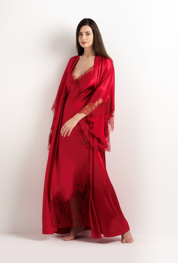 Carine Gilson Robe Longue En Soie Rouge Flamme Et Dentelle Elisa Rouge