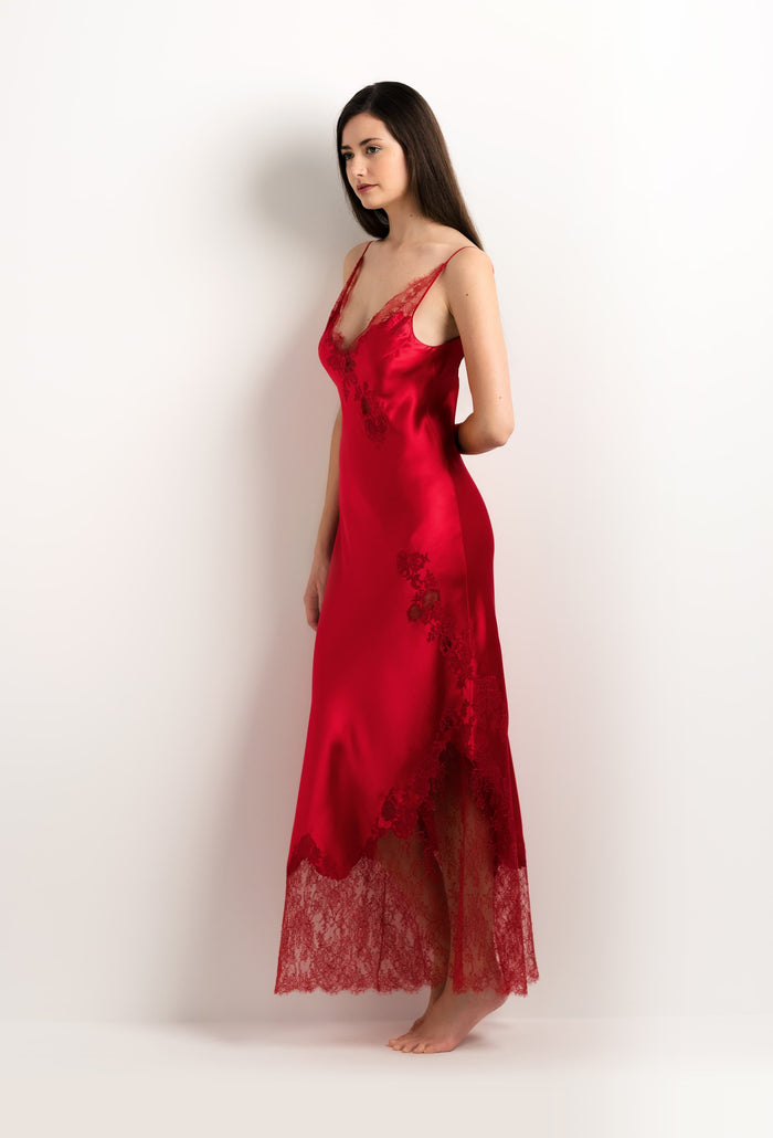 Carine Gilson Robe Longue En Soie Rouge Flamme Et Dentelle Elisa Rouge