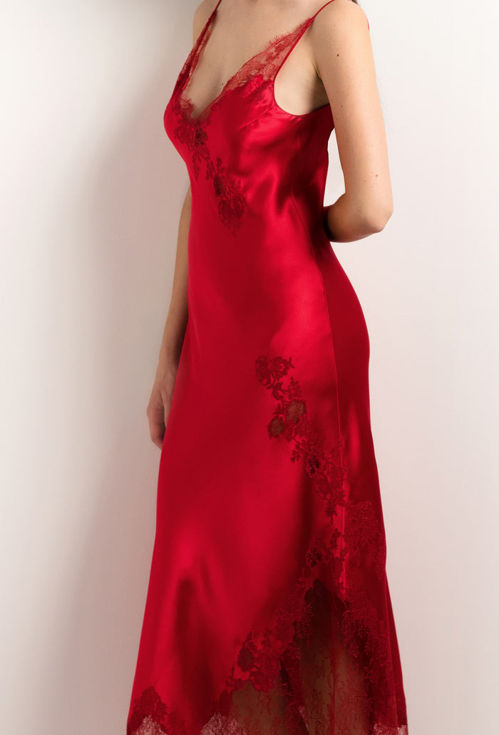 Carine Gilson Robe Longue En Soie Rouge Flamme Et Dentelle Elisa Rouge