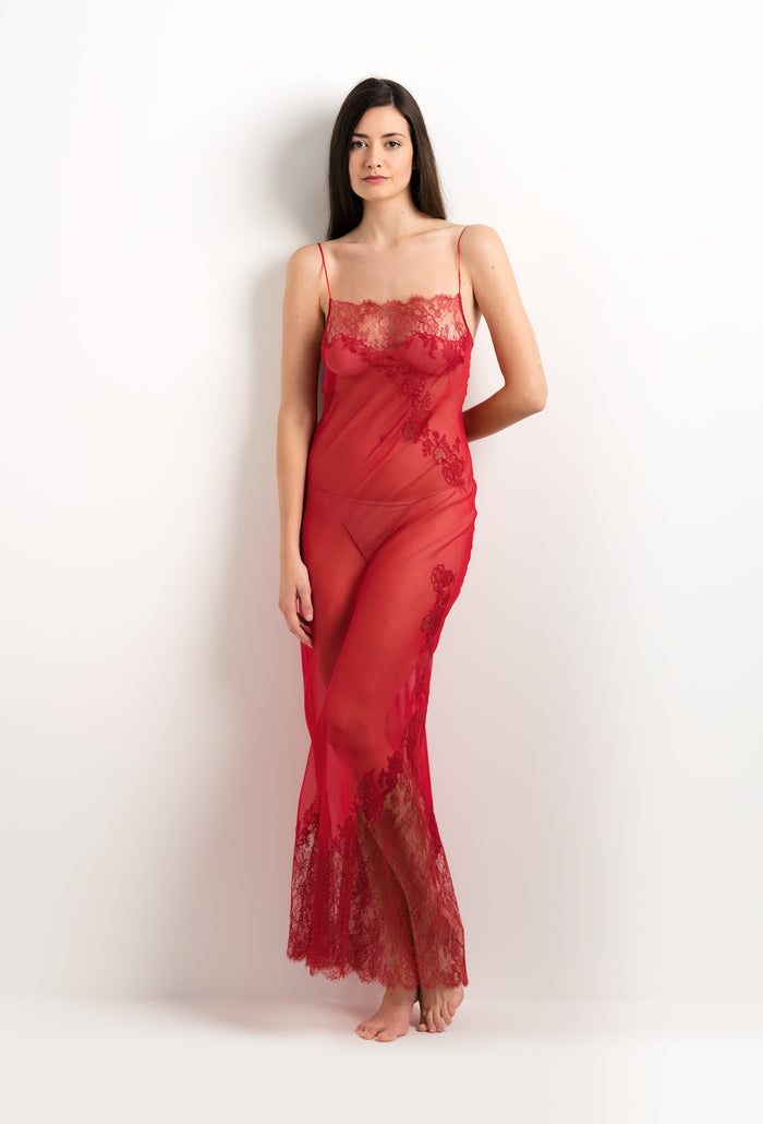 Carine Gilson Robe Longue En Soie Rouge Flamme Et Dentelle Elisa Rouge