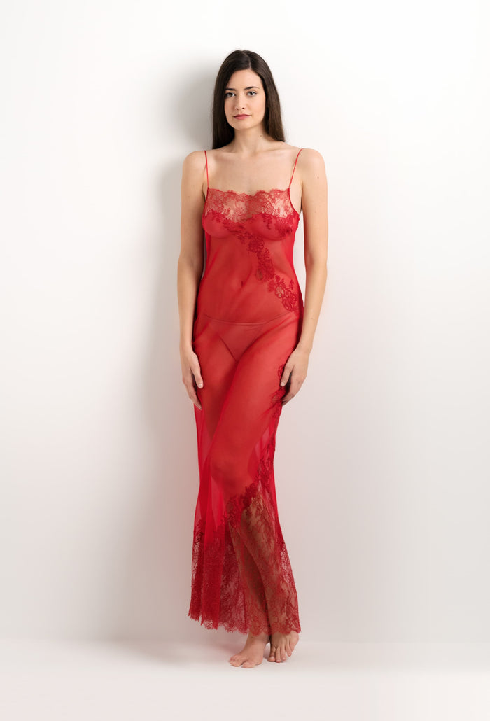 Carine Gilson Robe Longue En Soie Rouge Flamme Et Dentelle Elisa Rouge