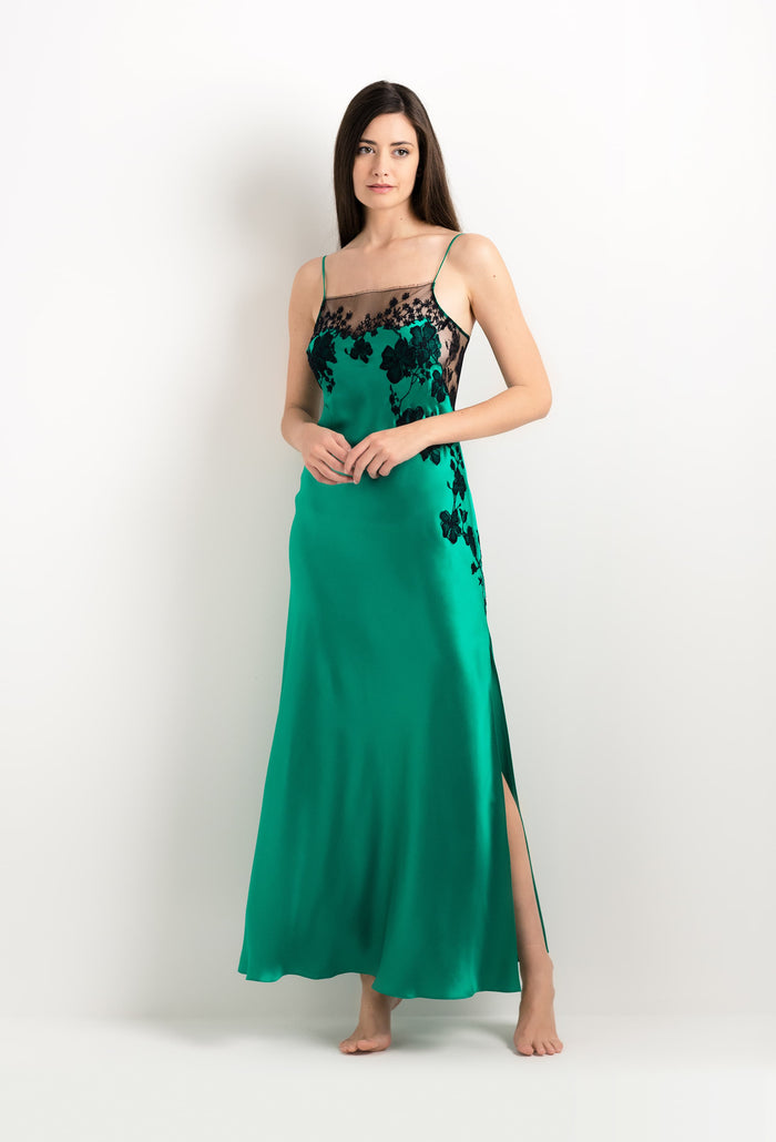 Carine Gilson Robe Longue En Soie Vert Jade Et Dentelle Sakura Noire