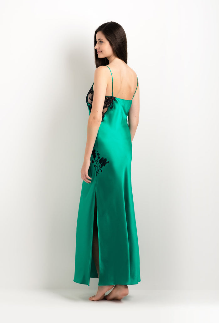 Carine Gilson Robe Longue En Soie Vert Jade Et Dentelle Sakura Noire