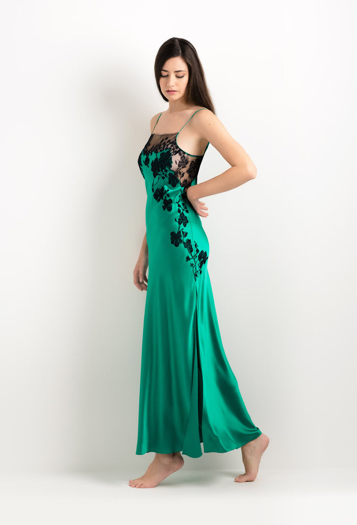 Carine Gilson Robe Longue En Soie Vert Jade Et Dentelle Sakura Noire