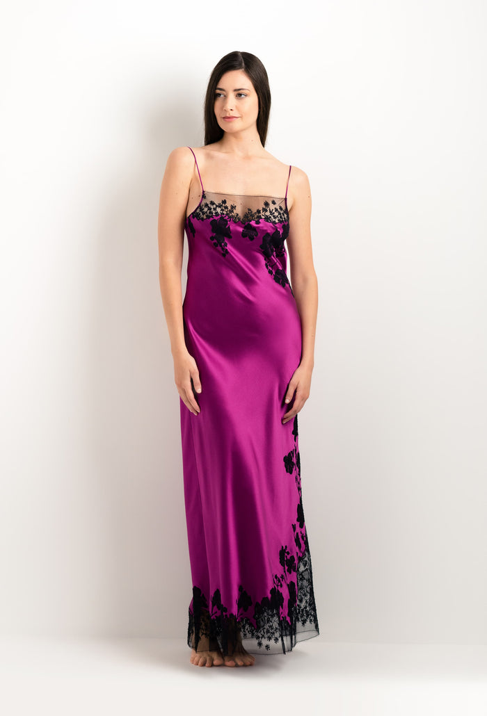Carine Gilson Robe Longue En Soie Violine Et Dentelle Sakura Noire