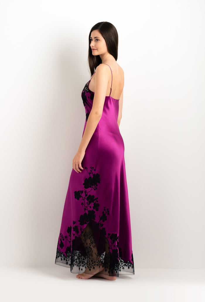 Carine Gilson Robe Longue En Soie Violine Et Dentelle Sakura Noire