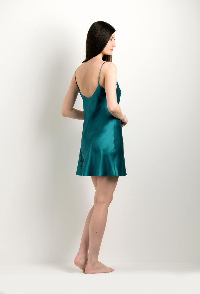 Carine Gilson Short Silk Slip Dress - Empire Blue And Emerald Caudry Lace