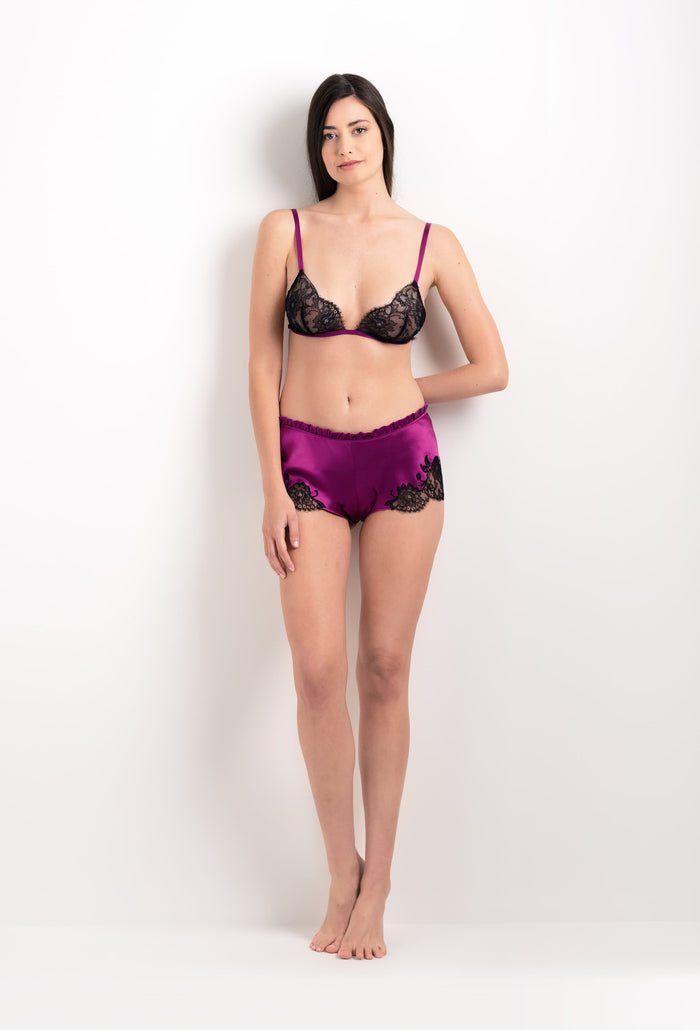 Carine Gilson Shorty Flottant En Soie Violine Et Dentelle Sonia Noire
