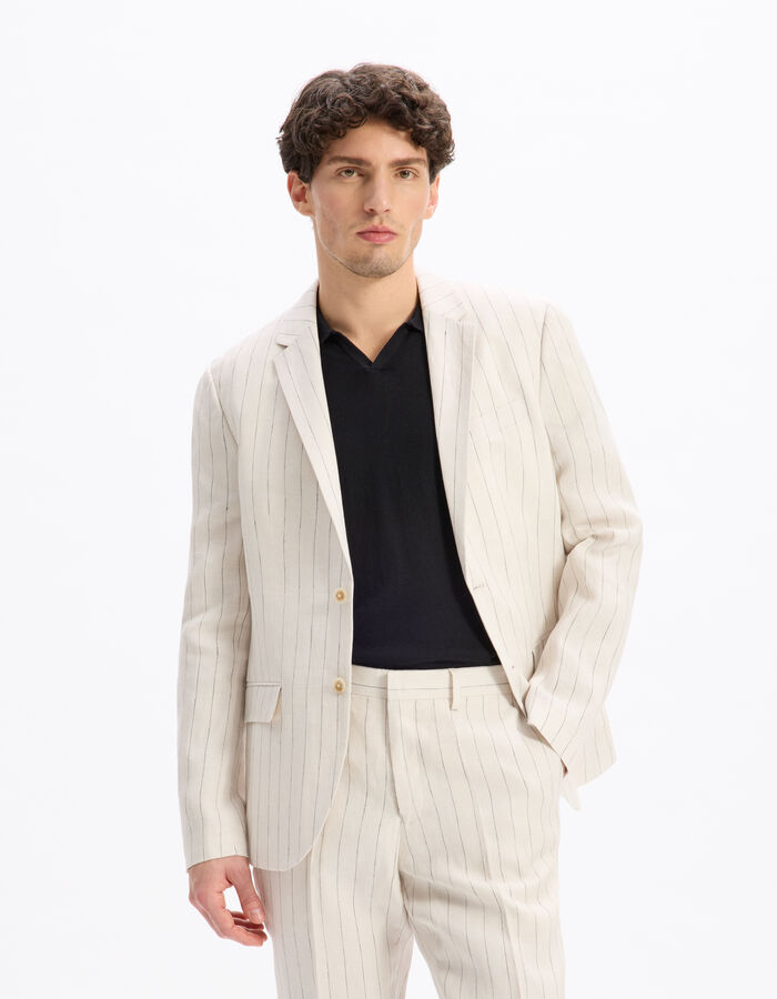 Celio Veste De Costume Slim 100% Lin Rayé - Naturel