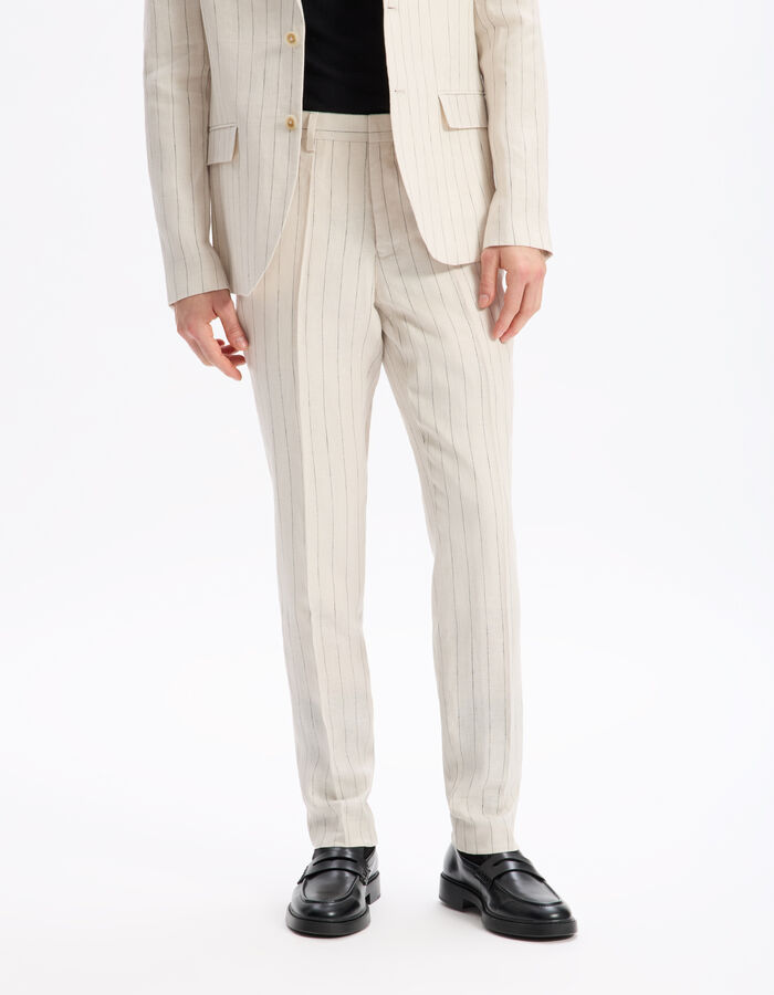 Celio Pantalon De Costume Slim 100% Lin Rayé - Naturel