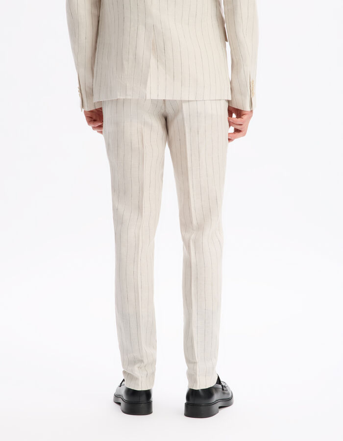 Celio Pantalon De Costume Slim 100% Lin Rayé - Naturel