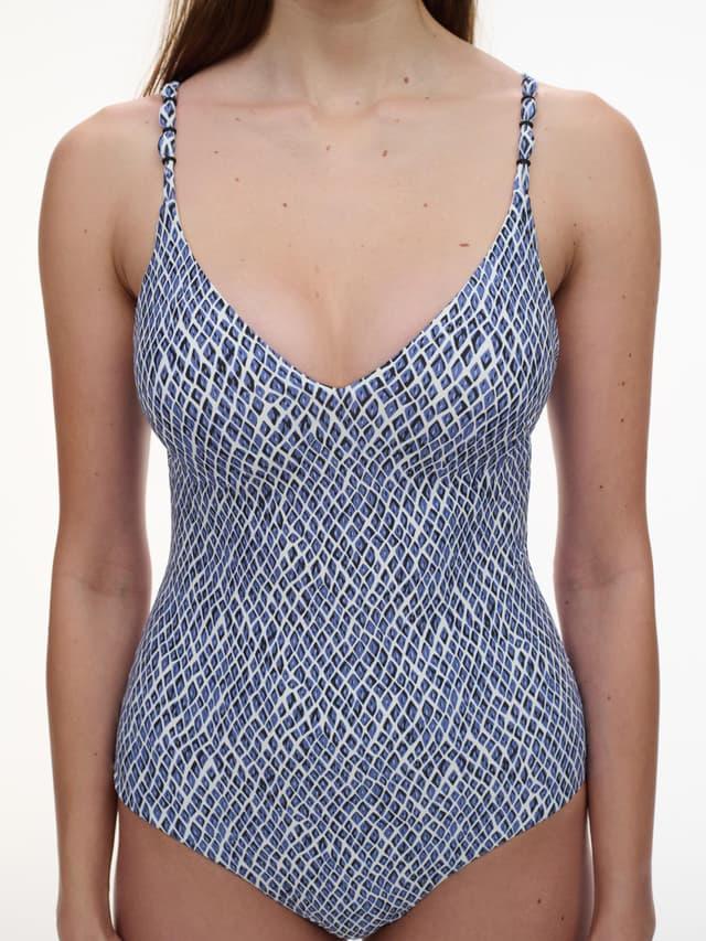 Chantelle Maillot De Bain 1 Pièce Sans Armature Plongeant - Bleu Reptile - Tidra