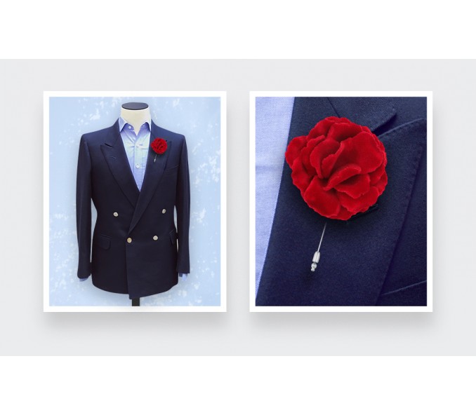 Cinabre Boutonnière Fleur Rose Velours Rouge