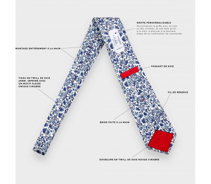 Cinabre Cravate Fleuri Cinabre Blanc Bleu