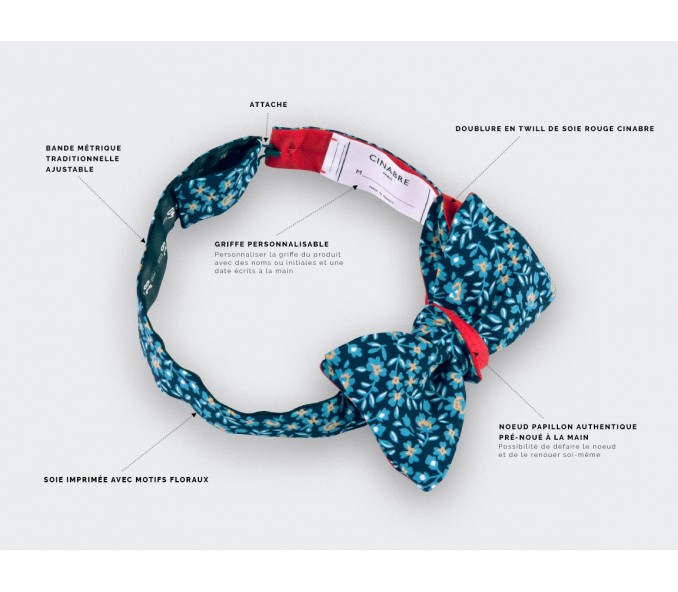 Cinabre Noeud Papillon Fleuri Bleu