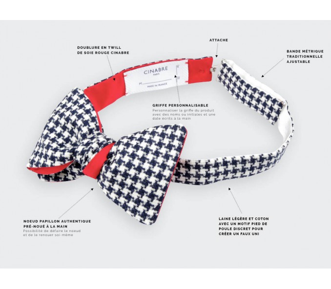 Cinabre Noeud Papillon Pied De Poule Bleu Blanc