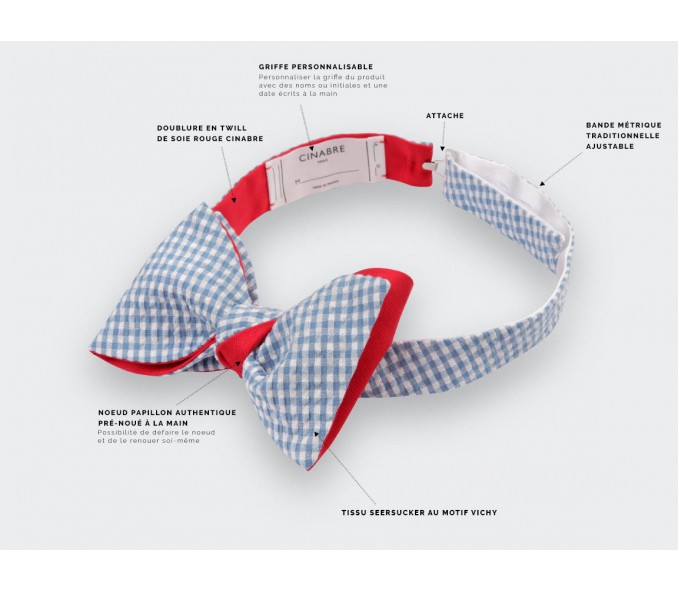 Cinabre Noeud Papillon Enfant Seersucker Vichy Bleu Ciel
