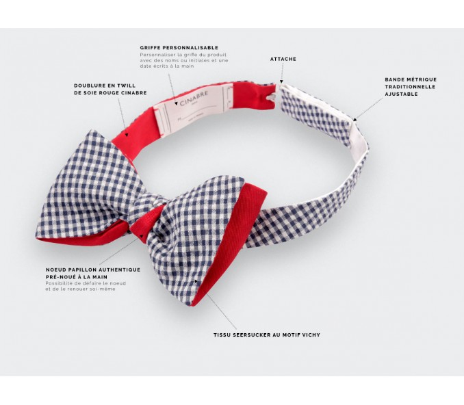 Cinabre Noeud Papillon Seersucker Vichy Bleu Marine