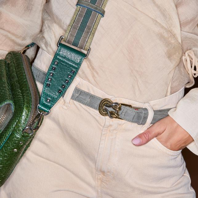 Claris Virot Baby Ceinture Cuir Embossé Croco Gris Noeud - Claris Virot