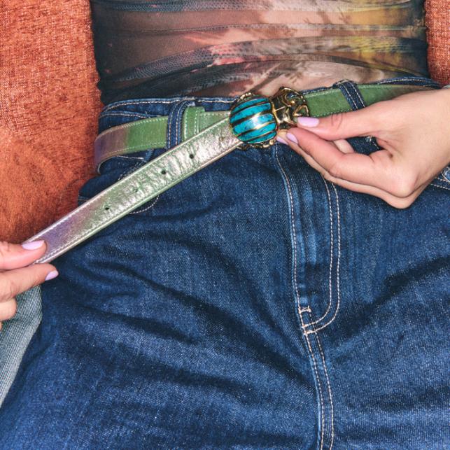 Claris Virot Baby Ceinture Cuir Lune Scarabée Turquoise Doré