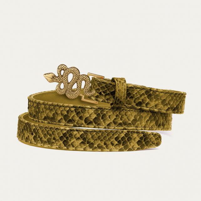 claris virot Baby ceinture python kaki serpent dorée