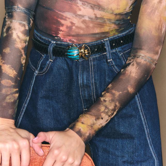 Claris Virot Baby Ceinture Python Noir Scarabée Doré Turquoise - Claris Virot