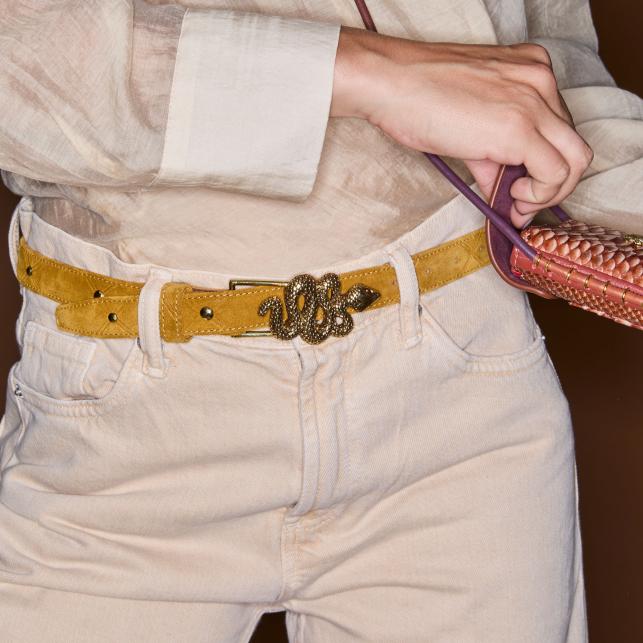 Claris Virot Baby Ceinture Suede Ambre Cloutée Serpent Doré - Claris Virot