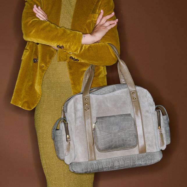 Claris Virot Cabas Nubuck Leo Embossé Croco Gris Perle