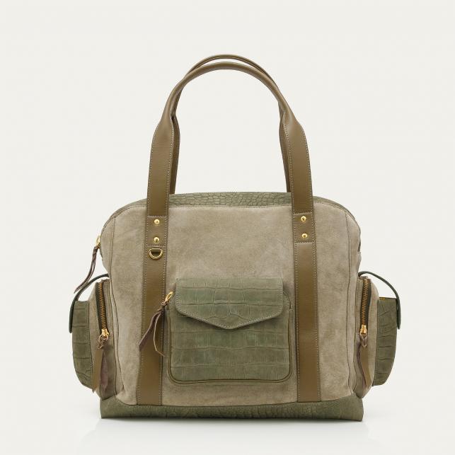 Claris Virot Cabas Nubuck Leo Embossé Croco Gris Perle