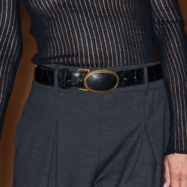 Claris Virot Ceinture Cuir Noir Vintage Dallas Or - Claris Virot