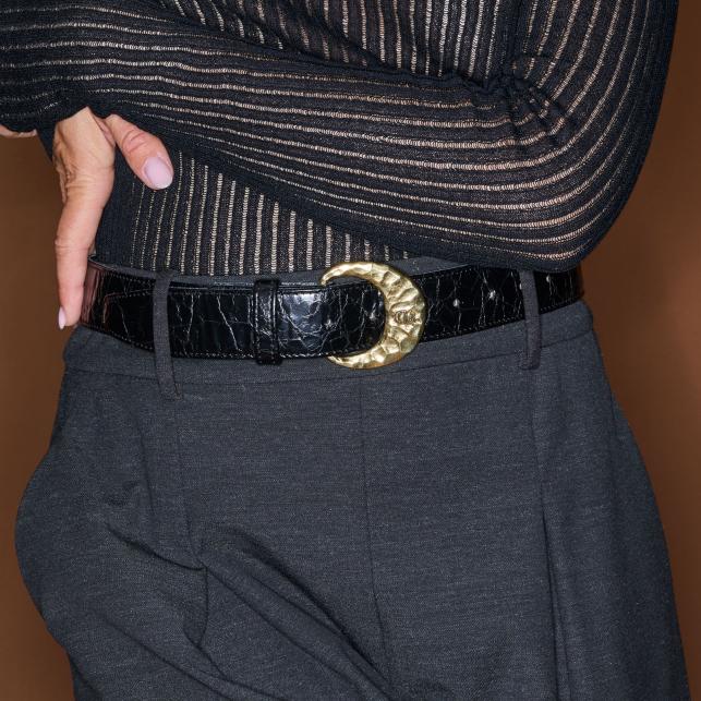 Claris Virot Ceinture Cuir Vintage Noir Demi Lune Or - Claris Virot