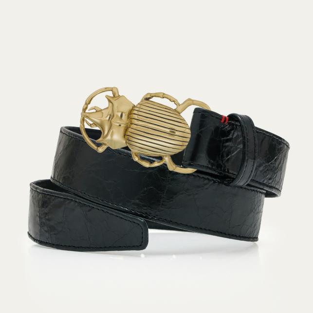 Claris Virot Ceinture Cuir Vintage Noir Scarabée Or - Claris Virot