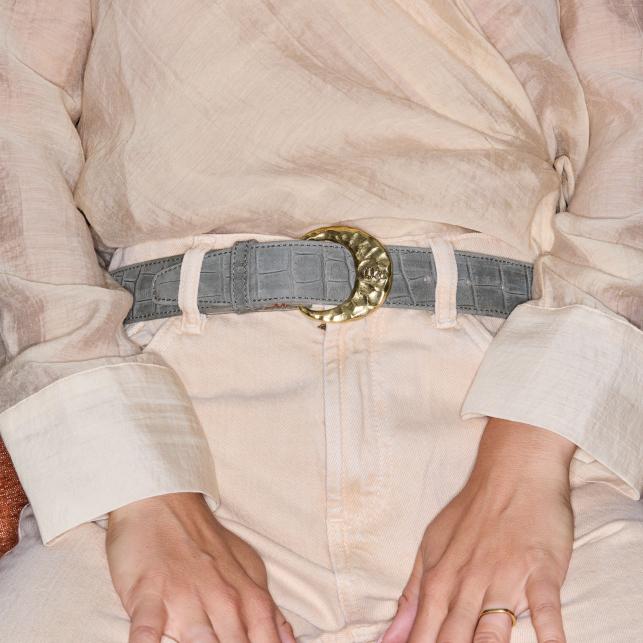 Claris Virot Ceinture Nubuck Embossé Croco Gris Perle Demi Lune Or - Claris Virot