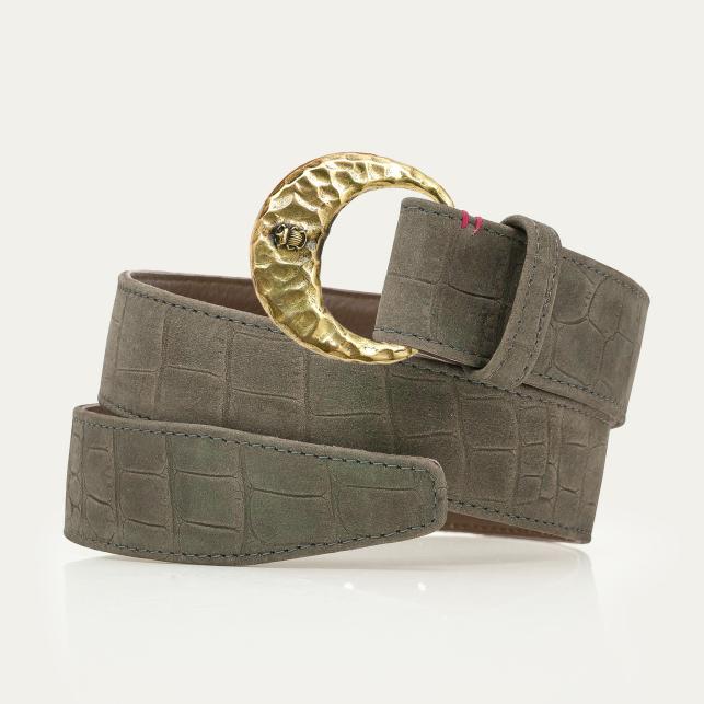 Claris Virot Ceinture Nubuck Embossé Croco Gris Perle Demi Lune Or - Claris Virot