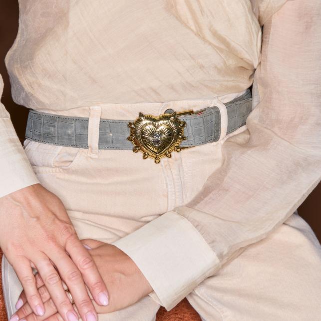 Claris Virot Ceinture Nubuck Embossé Croco Gris Perle Ex Voto - Claris Virot