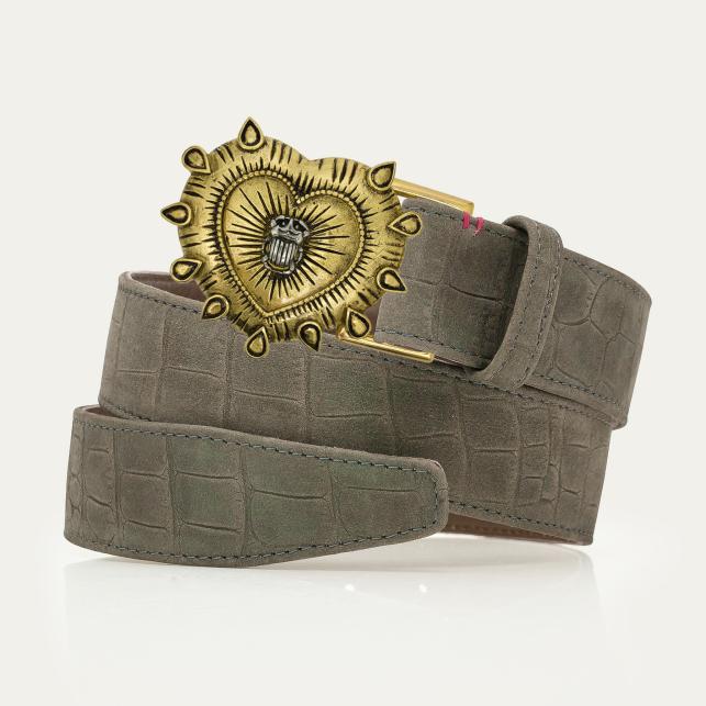 Claris Virot Ceinture Nubuck Embossé Croco Gris Perle Ex Voto - Claris Virot