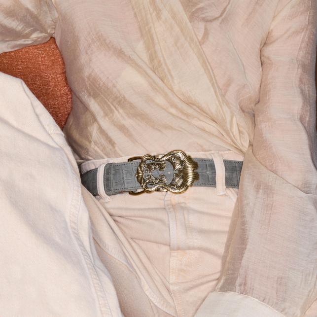 Claris Virot Ceinture Nubuck Embossé Croco Gris Perle Ginko - Claris Virot