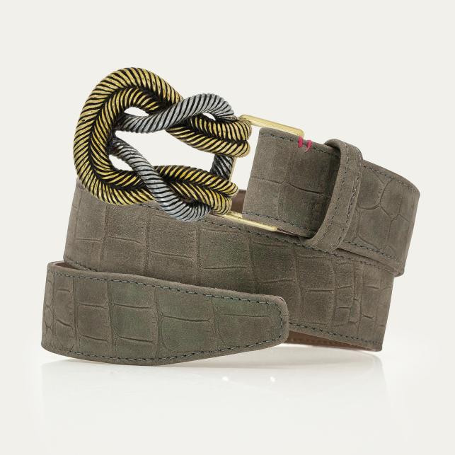 claris virot Ceinture Nubuck Embossé Croco Gris Perle Noeud Mixé Or Et Argent - Claris Virot