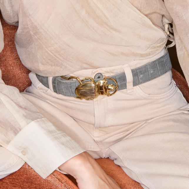 Claris Virot Ceinture Nubuck Embossé Croco Gris Perle Scarabée Or - Claris Virot