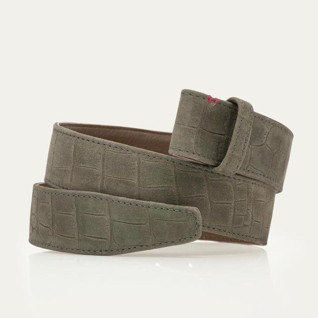 Claris Virot Ceinture Nubuck Embossé Croco Gris Perle Scarabée Or - Claris Virot