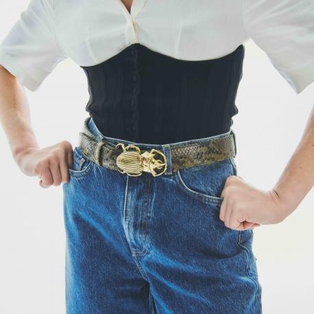 Claris Virot Ceinture Python Beetle Dark Kaki Boucle Or