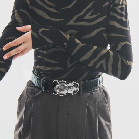 Claris Virot Ceinture Python Beetle Noire Boucle Argent