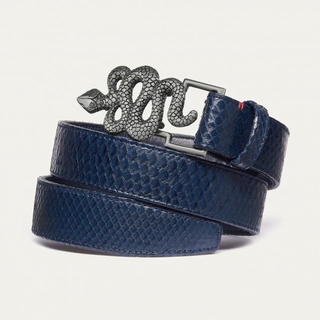 claris virot Ceinture Python Navy Boucle Serpent Argent