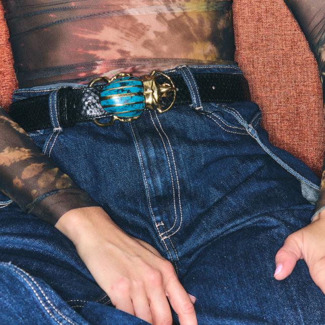 Claris Virot Ceinture Python Noir Scarabée Doré Turquoise - Claris Virot