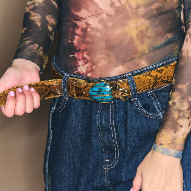 Claris Virot Ceinture Python Ranch Scarabée Turquoise Dorée - Claris Virot