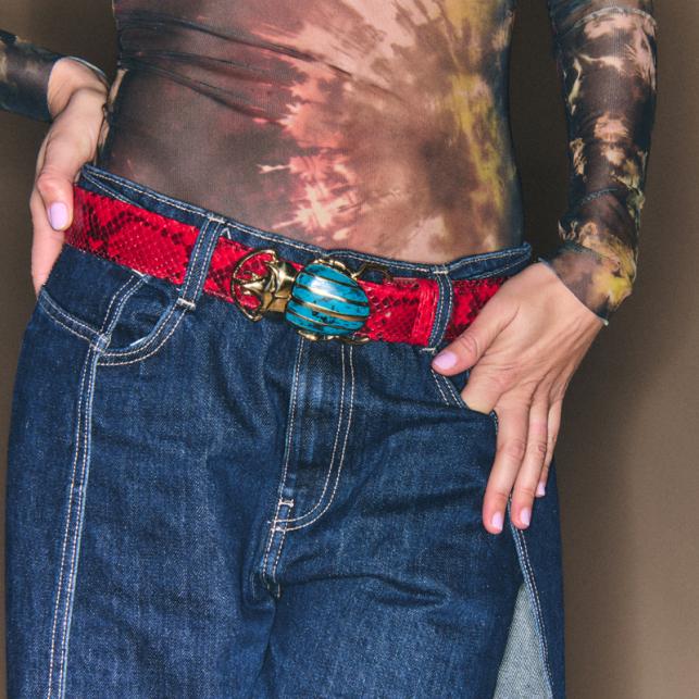 Claris Virot Ceinture Python Rubis Scarabée Turquoise Doré