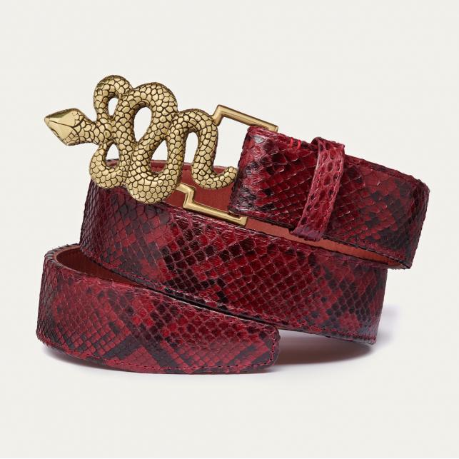 Claris Virot Ceinture Python Snake Burgundy Boucle Dorée
